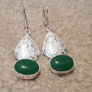 Sterling Silver Earrings with Natural Green Stone